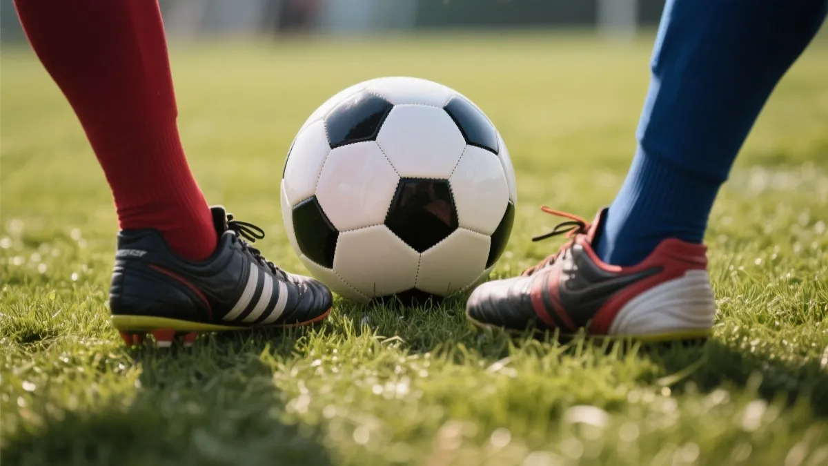 近景特写：草皮上的足球与球员球鞋，紧张对峙的氛围，故事感强